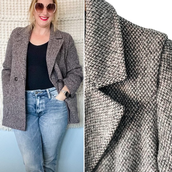 Vintage Jackets & Blazers - Vintage pink & gray 100% wool super soft double breasted pea coat petite large